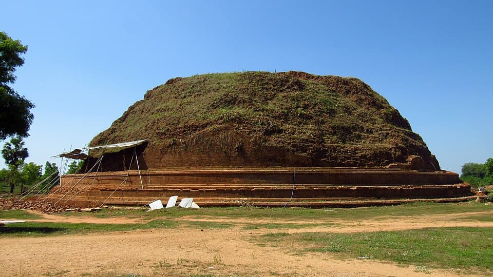 The brick mound of the Deegavapi stupa under restoration near Ampara