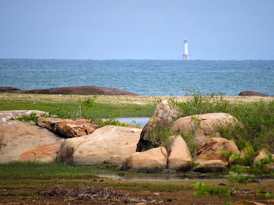 Great Basses Reef lighthouse, the 1873 granite tower on the reef off Sri Lanka's southeast coast
