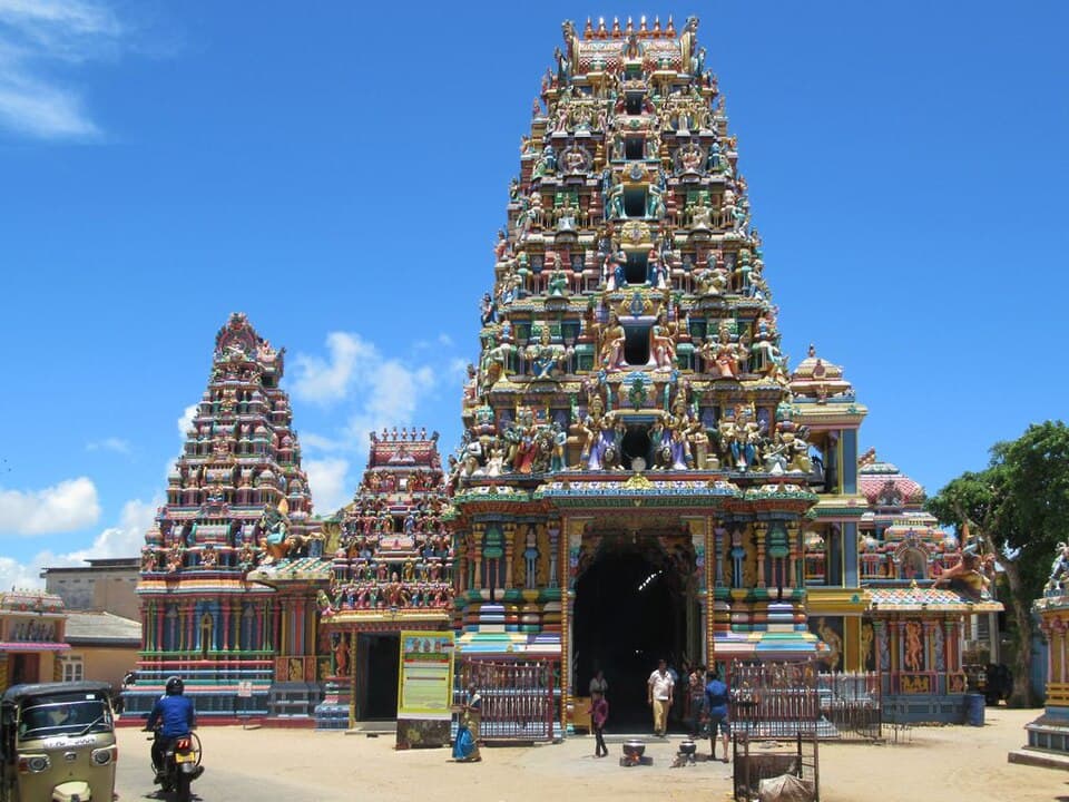 The painted gopuram towers of Pathirakali Amman Temple in Trincomalee
