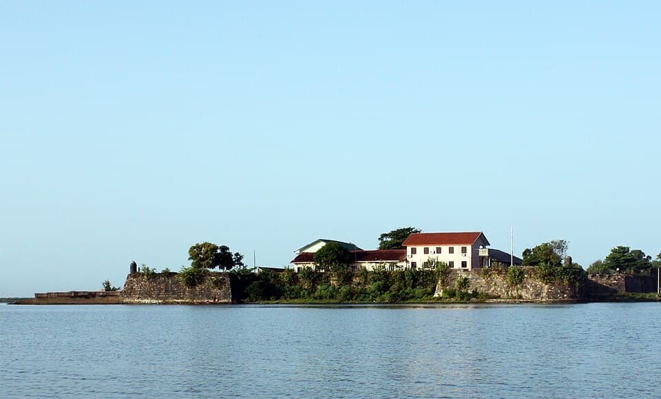 Batticaloa Fort's walls and bastions seen across the lagoon