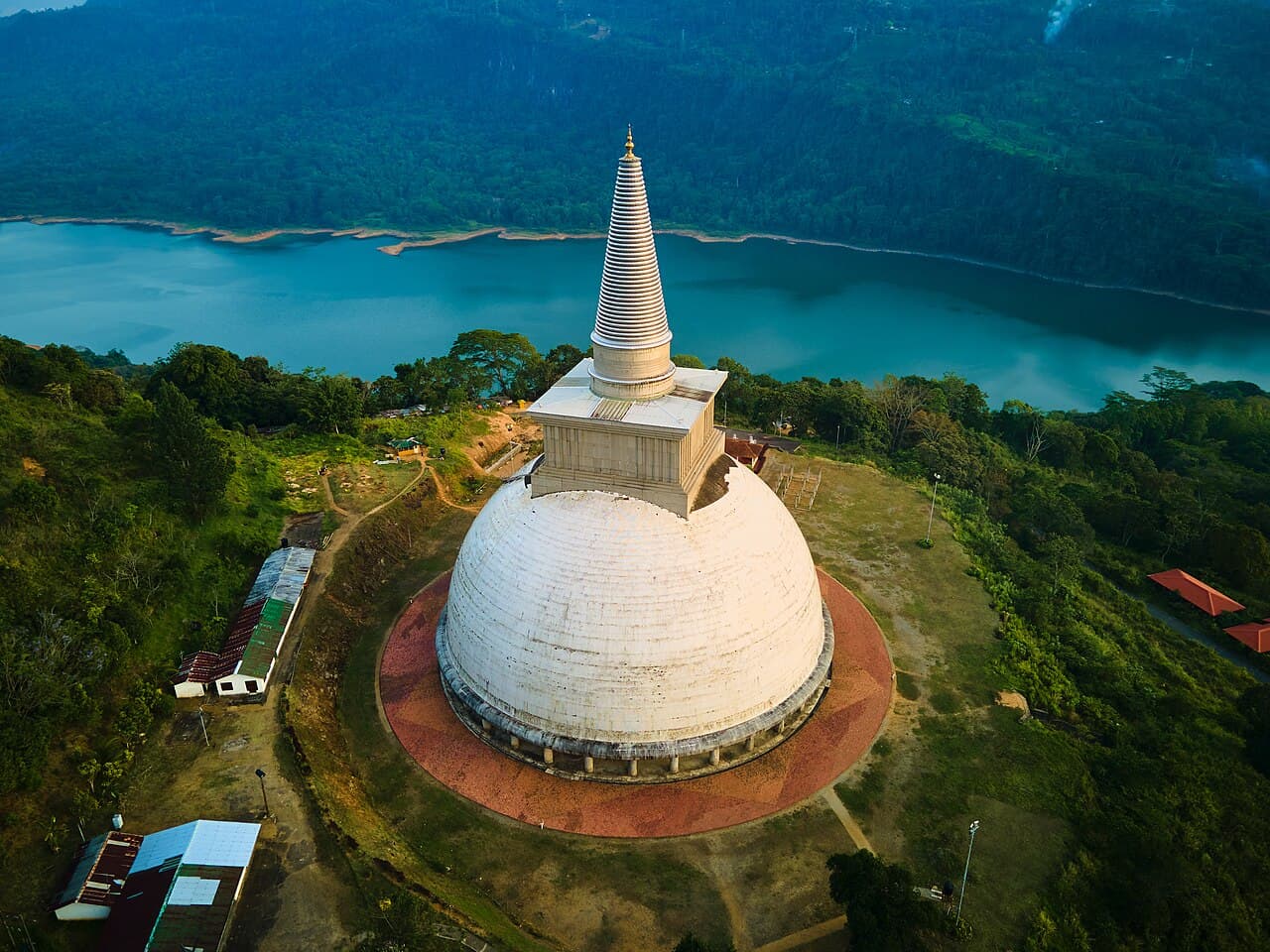 The white dome of Mahaweli Maha Seya above the Kotmale valley