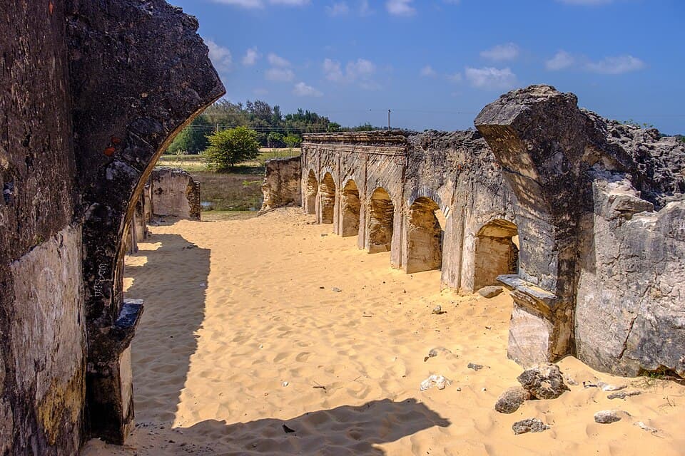 The ruined Dutch-era church half-buried in the Manalkadu dunes near Point Pedro