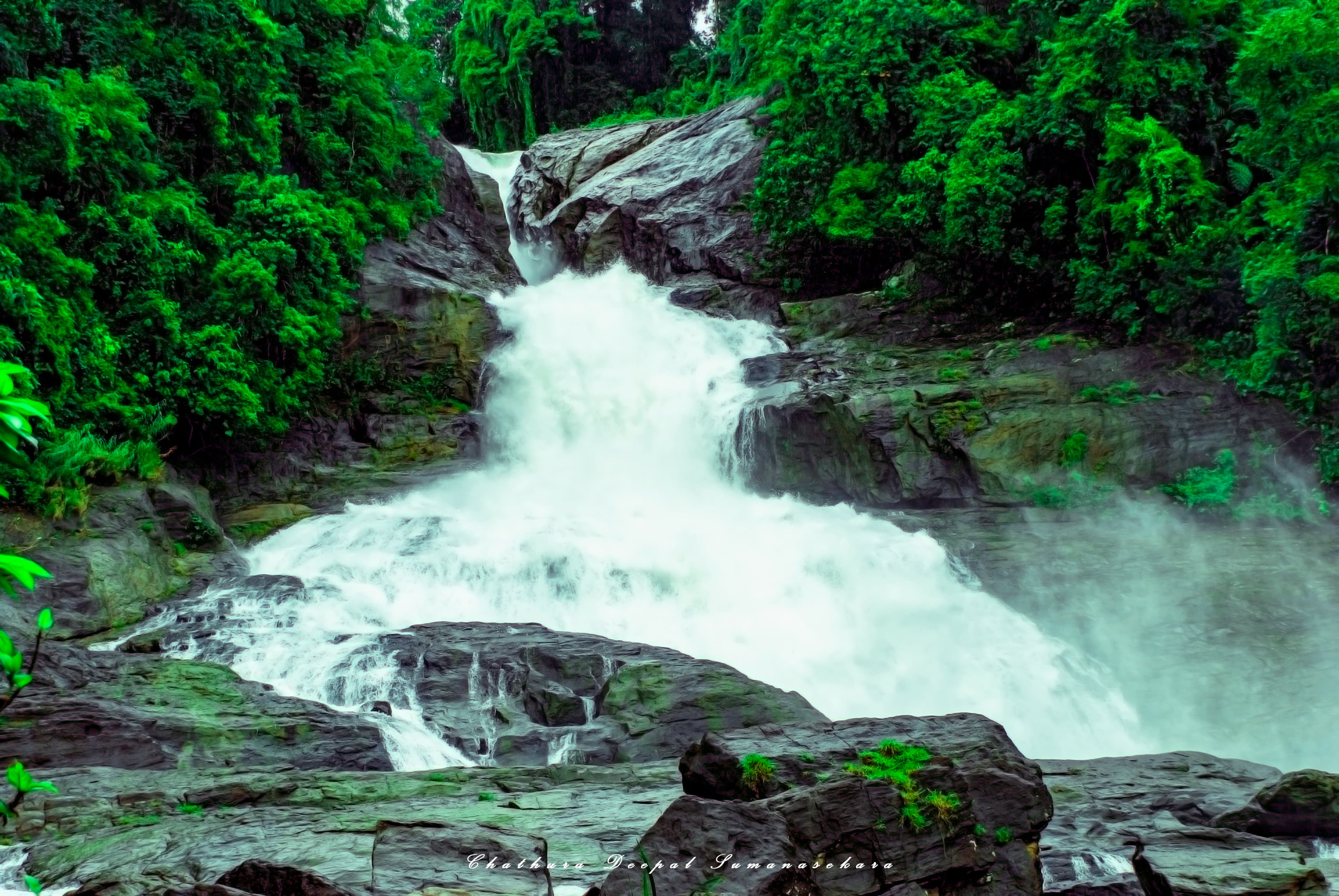 Bopath Ella Falls fanning out into its bo-leaf shape near Kuruwita
